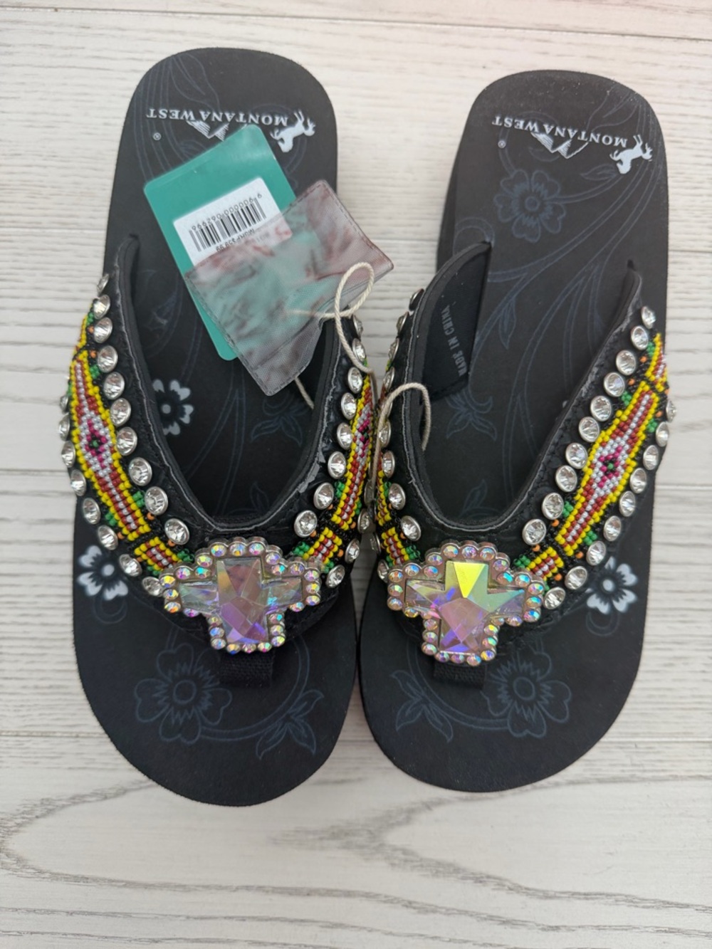 Montana West Black Flip Flop Sandals with Multicolor Beading and Iridescent Gems